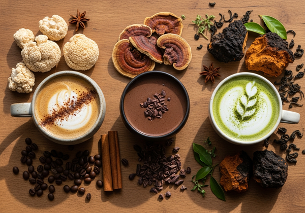 Comparatif meilleur café adaptogène : trois tasses et champignons
