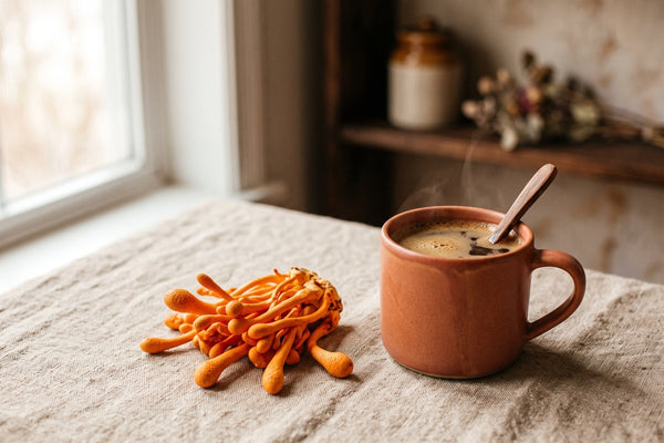 Champignons cordyceps militaris orange et tasse de café adaptogène au cordyceps sur une table en lin