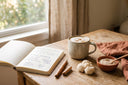 Tasse de café au lion's mane, champignons hydne hérisson frais et bol de poudre de lion's mane sur un bureau en bois, à côté d'un carnet de suivi bien-être