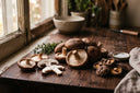 Champignons shiitake frais et séchés sur une planche en bois sombre