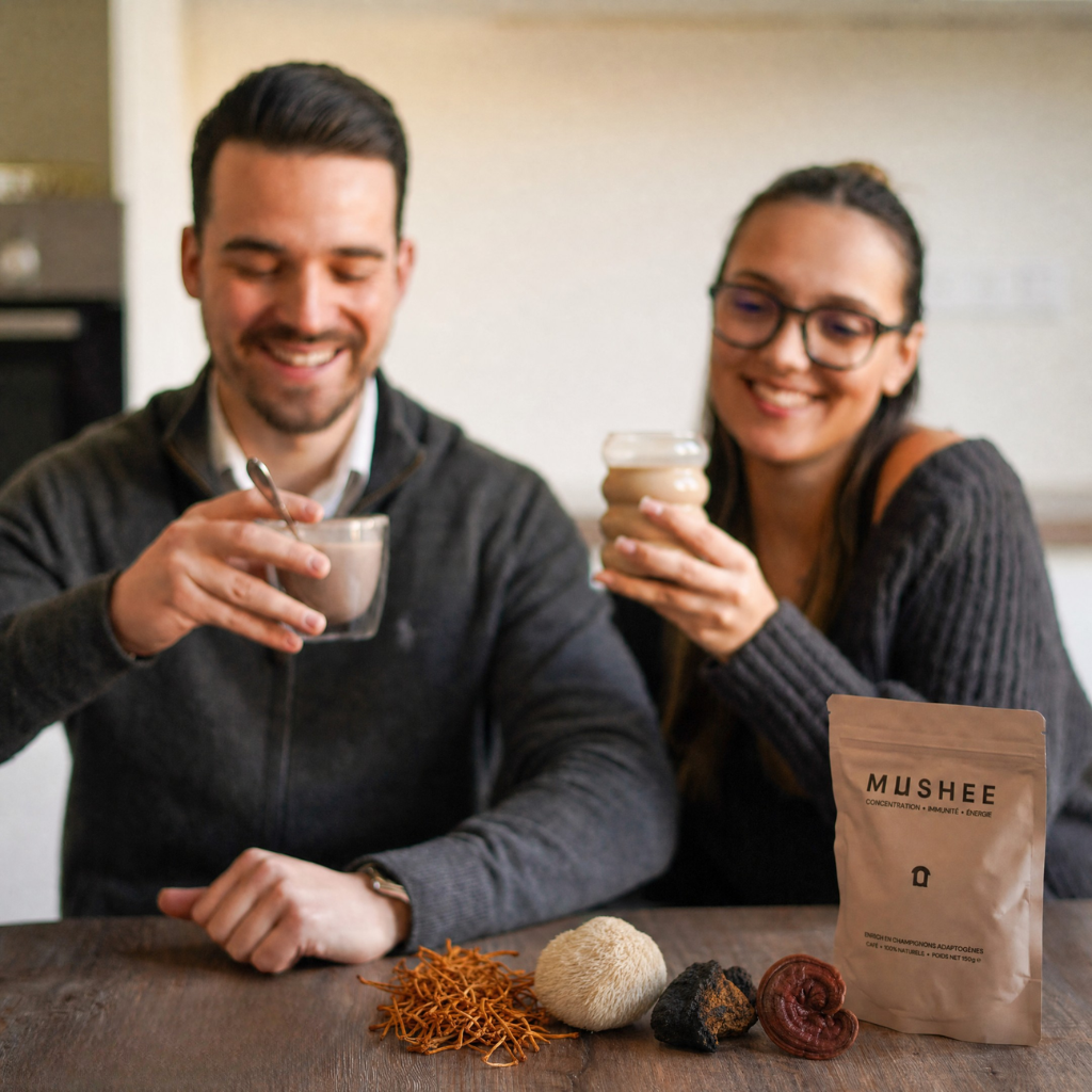 Mushee Café dégusté à la maison, avec le paquet et les 4 champignons : Cordyceps, Lion's Mane, Chaga et Reishi