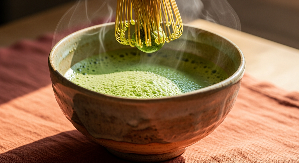 Matcha vert vif fouetté en mousse dans un bol en céramique artisanal