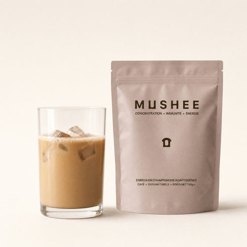 Mushee Café, café instantané aux champignons adaptogènes : paquet de 150 g et café glacé