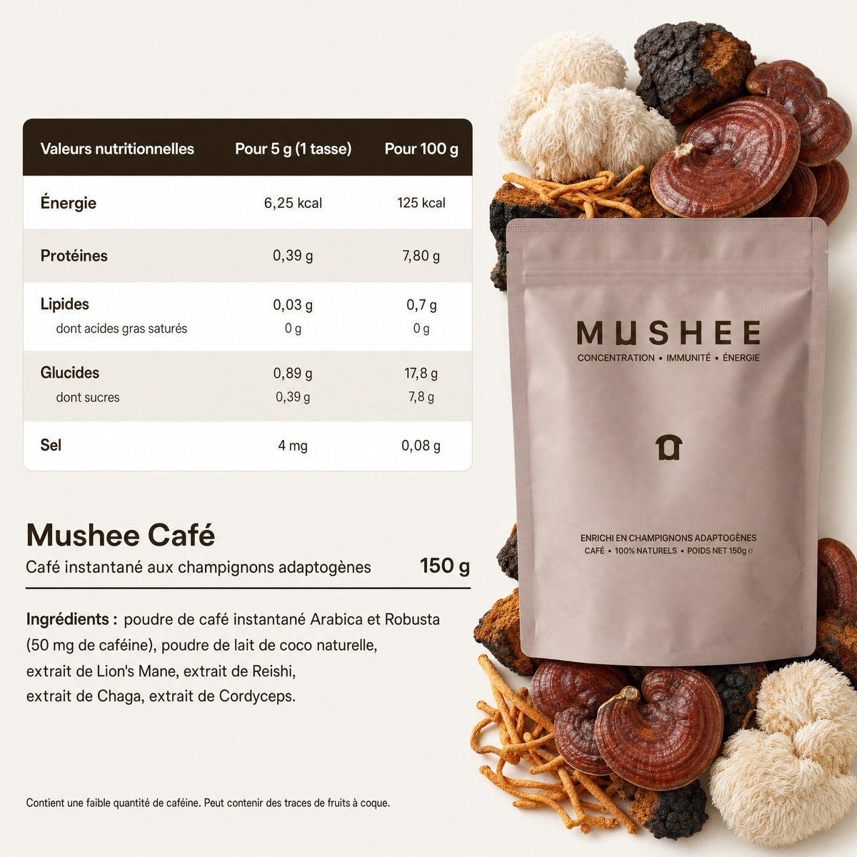 Valeurs nutritionnelles et ingrédients de Mushee Café, pour 5 g et pour 100 g