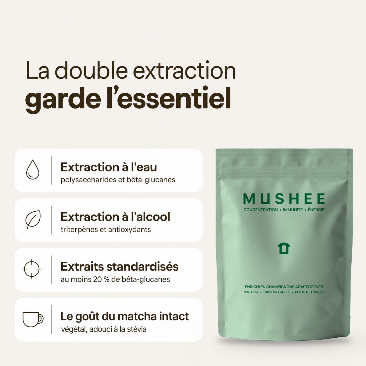 La double extraction des champignons Mushee : à l'eau et à l'alcool, extraits standardisés